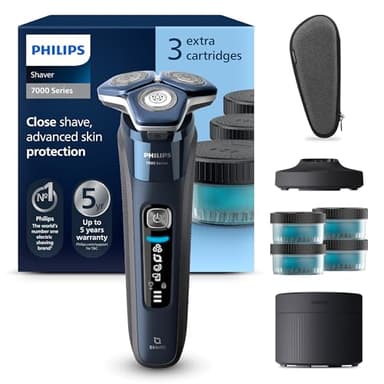 PHILIPS Shaver Series 7000 – Elektrischer Nass- und Trockenrasierer für Herren mit ausklappbarem Trimmer, Reinigungsstation, 4 x Reinigungskartuschen, Ladestation & Reiseetui (Modell S7885/63)