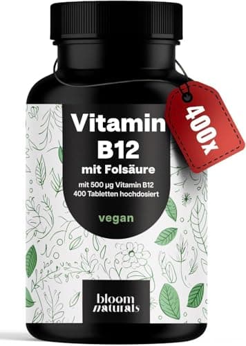 Vitamin B12 hochdosiert - 400 Tabletten mit 500µg Vit B12 + 200µg Folsäure - zertifiziert Laborgeprüft - Vegan & Produziert in Deutschland - Verpackung kann variieren