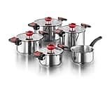 KOPF Kochtopf-Set Nelo 9-teilig aus Edelstahl I Induktions Töpfe Set mit Deckel, intelligenter Abgießhilfe & integrierter Siebfunktion I 4 Töpfe mit Glasdeckel + 1 Stielkasserolle