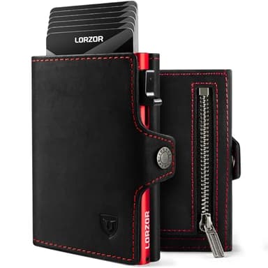 LORZOR® Slim Wallet mit Münzfach, Geldbörse aus Echtem Leder für Herren, RFID Blocker Portemonnaie, Kartenetui, Geldbeutel für 10 Karten, Smart Wallet (Rot)