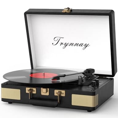 Trynnay Plattenspieler Schallplattenspieler 3-Gang-Bluetooth, tragbarer Koffer-Vinyl-Player mit integrierten Lautsprechern, Plattenspieler, verbesserter Audio-Sound, PU-Leder, Vintage Black