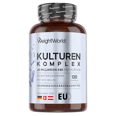 Kulturen Komplex mit 60 Mrd. KBE - 20 Bakterienstämme und Bio Inulin -120 vegane Kapseln - Bakterienkulturen mit Bifidobacterium, Lactobacillus Gasseri & Reuteri - 2 Monate Vorrat - WeightWorld