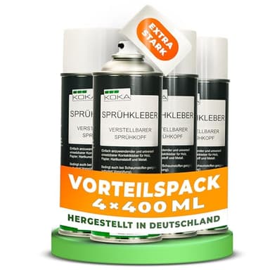 KOKA Sprühkleber 400 ml, 4er Set (4 x 400 ml) - hitzebeständiges Klebespray für Dachhimmel, Filz, Leder, Schaumstoff & Kunststoff – starke Haftung, schnelle Trocknung, wasserfest & benzinfest