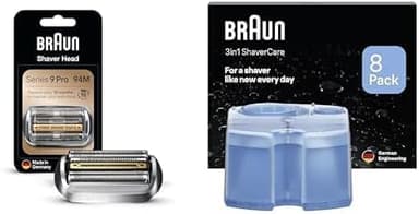Bundle of Braun Series 9 Pro Scherkopf, Made in Germany, 94M, chrom + Braun 3-in-1 ShaverCare Reinigungskartuschen für Reinigungsstationen, Hygienische Reinigung, 8er Pack