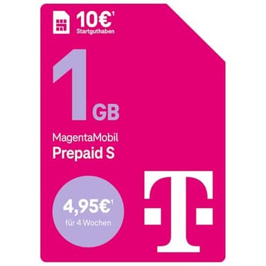 Deutsche Telekom MagentaMobil Prepaid S mit 1 GB Highspeed-Volumen I Surfen mit 5G/ LTE Max & Flat ins Mobilfunknetz (Min., SMS) + 50 Freiminuten in alle Anderen dt. Netze I 10 EUR Startguthaben