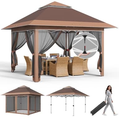 JUMMICO Pop Up Pavillon 3,24x3,24 Wasserdicht Stabil Winterfest mit 4 Moskitonetz Seitenteilen, Faltpavillon UV Schutz 50+, Doppeldach Pavillion für Patio Familientreffen,Braun