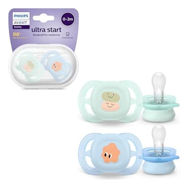Philips AVENT Ultra Start Schnuller, kiefergerecht geformter Schnuller für Neugeborene, BPA-frei, mit Sterilisations-,Transportbehälter, Doppelpack, grün,blau, Modell SCF075/04