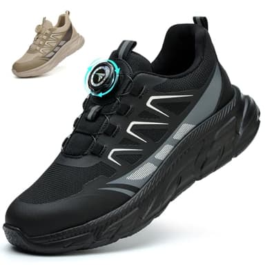 RASEARY Sicherheitsschuhe Arbeitsschuhe Herren Damen Bequem Stahlkappenschuhe Leicht Atmungsaktiv Industrielle Arbeitsschuhe mit Drehschnallen Schnürsenkeln,Schwarz EU 38