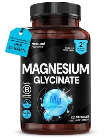 Magnesium Glycinat Hochdosiert und Hochwirksam 1040 mg – 120 Magnesium Hochdosiert Kapseln mit 208 mg Elementarem Mg pro Portion – Reiner Wirkstoff – Hergestellt von New Leaf Products