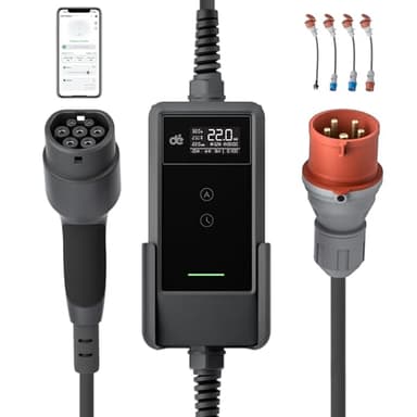 dé Mobile Wallbox/Ladestation 22kW App [3-phasig|7m|6-32A] mit Komplett-Set, Ladekabel CEE 32A auf Typ 2 und EV Ladegerät für Model Y/3, ID.3/4/5, MG4, EX30, e-up, e-tron und andere EV/PHEV