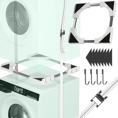 JHCHU Slimline Waschtrockner-Stapelset, universeller ultradünner Rahmen für 45–68 cm Geräte, platzsparendes Design mit leichtem Aluminium-Ratschenriemen und 4 Multifunktionshaken (weiß)