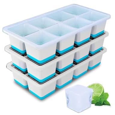 Eiswürfelform Groß, 3 Pack Große Eiswürfelbehälter mit Deckel, Leichtes Lösen, BPA-Freie Silikon Eiswürfelformen, 4,5cm Eiswürfel xxl für Whiskey, Cocktails und Getränke (Blau Silicone Ice Cube Tray)