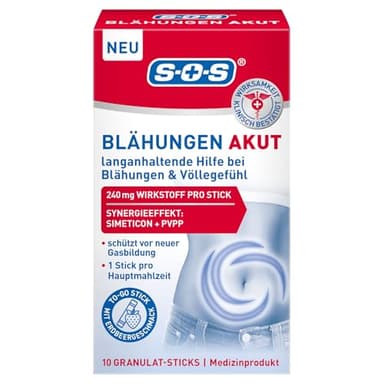 SOS Blähungen Akut – 10 To-go-Sticks mit Simeticon & PVPP – Mundlöslich mit Erdbeergeschmack – Unterstützung bei Blähungen & Völlegefühl – Praktisches Format für unterwegs