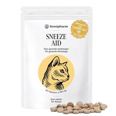 Sensipharm Sneeze Aid - Katzenschnupfen Tabletten für Katzen bei Niesen, Schnupfen & Nasenausfluss - Natürliche Kräuterformel zur Unterstützung der Atemwege & Abwehr - 90 Tabletten