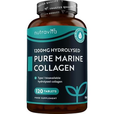 Kollagen Tabletten - 1200mg pures Marine Collagen - 120 Tabletten - Meereskollagen Hydrolysat Typ 1-100% rein, laborgeprüft und ohne Zusätze - Alternative zu Kapseln hochdosiert - Nutravita