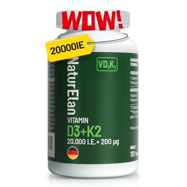 Vitamin d3 k2 hochdosiert 20000I.E. + Vitamin K2 MK7 200 mcg pro Dosis, 120 Vegetarisch Depot im Jahresvorrat, Ohne Zusätze, In Deutschland Produziert