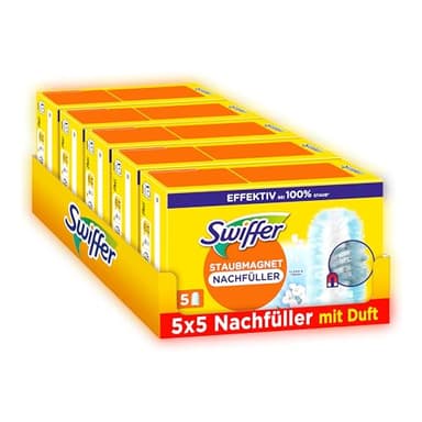 Swiffer Staubmagnet Nachfüllpackung, 25 Tücher (5×5) mit Febreze-Duft, Fängt Und Schließt 3-mal Mehr Staub Und Haare Ein Als Herkömmliche Staubwedel