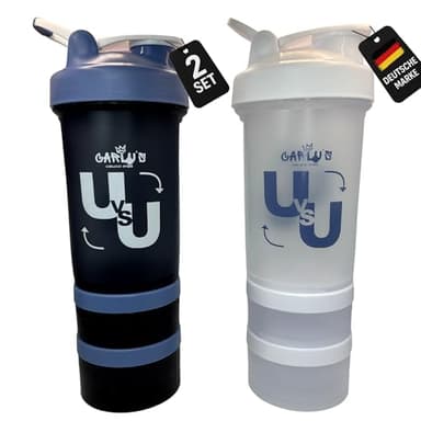 Shaker 2ER SET mit Pulverfächern & Edelstahl-Mixball 100% BPA-frei Protein Shaker 500ml Auslaufsicher Spülmaschinenfest - mit je 2 Fächern & Tablettenbox– Fitness Becher für Sport & Gym (Weis&Blau)