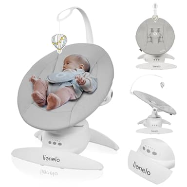 LIONELO Iris Elektrisch Babywippe 360o drehbar für Babys bis zu 9 kg Verstellbare Rückenlehne, 5 Wiegegeschwindigkeiten Rutschfester Sicherheitsgurt, 12 Melodien Bügel mit Spielzeug Babypflege