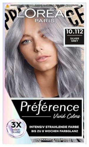 L'Oréal Paris Intensive dauerhafte Haarfarbe, Bis zu 8 Wochen glänzendes Haar und intensive Farbe, Préférence Vivid Colors, Farbe: 10.112 SILVER GREY, 1 Stück