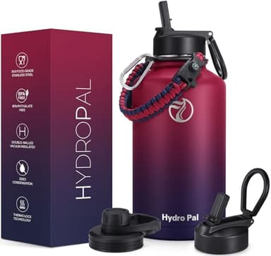 HydroPal Edelstahl Trinkflasche - 750ml/ 1L/1.2L/1.9L, BPA-Frei, Kohlensäure geeignet, Isolierte flasche mit Strohhalm & 2 Deckel