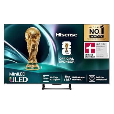 Hisense 65U7Q Fernseher 65 Zoll, 4K Mini LED ULED, Smart TV, Hi-View AI Engine, 144Hz Game Mode Pro, FreeSync Premium, Built in Subwoofer, Dolby Vision IQ Atmos, Airplay, Sprachsteuerung[2025]