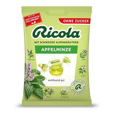 Ricola Apfelminze, 75g Beutel original Schweizer Kräuter-Bonbons mit 13 Schweizer Alpenkräutern & natürlicher Apfelminze, zuckerfrei, 1 x 75g, vegan