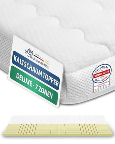 AM Qualitätsmatratzen 3D Deluxe 7 Zonen Kaltschaum Topper 90x200cm RG50 - Made in Germany - Atmungsaktiver Topper 90x200-8cm - Matratzenauflage 90x200 mit Lyocell Bezug und Anti-Rutsch Funktion