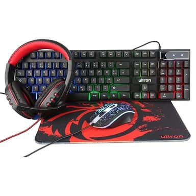 Ultron Hawk Tastatur Maus Set Gaming 4 in 1 PC Pack Combo - RGB Hintergrundbeleuchtung Tastatur [QWERTZ DE Layout] - Maus [bis 6400 DPI] - Gaming Headset & Mauspad für PC, Xbox, PS4, Schwarz-Rot