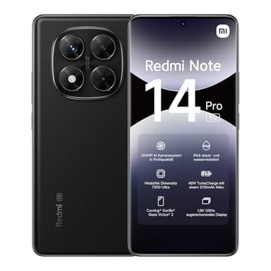 Xiaomi Redmi Note 14 Pro 5G Smartphone, 12 + 512GB, Black, 200MP professionelle AI-Kamera, IP68, 45W TurboCharge mit 5110mAh Akku, AI-Funktionen (kein Ladegerät enthalten)