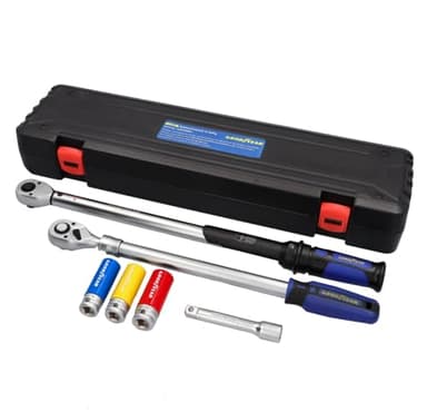 Goodyear Radwechselset, 6-teilig, Drehmomentschlüssel + Umschaltknarre + 3-tlg. Steckschlüsselsatz + Verlängerung, Box, Schwarz