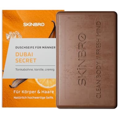 SKINBRO Festes Duschgel Männer Dubai Secret - Duschseife Männer Tonkabohne, Vanille - Made in Germany, Shampoo Herren Vegan & Nachhaltig- Silikonfrei, Seife Stück, feste Seife, Naturseife 100g