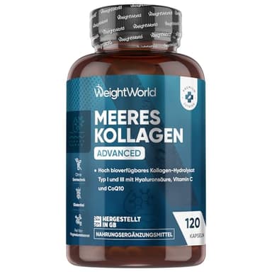 Marine Collagen Advanced - 1200 mg Hydrolysierte Fisch Collagen Peptide Typ 1 & 3 - Mit Hyaluron, CoQ10, Vitamin C & Zink - 120 Kollagen Hyaluron Kapseln - Kollagen Komplex von WeightWorld