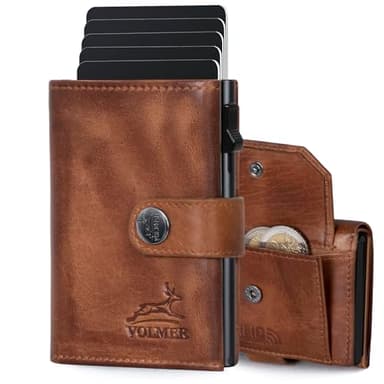 Fa.Volmer ® POP-UP Kartenetui mit Münzfach aus Echtleder für Herren & Damen | 12 Karten | RFID Schutz | Geldbörse VO45P (Antique Brown, Großes Münzfach)