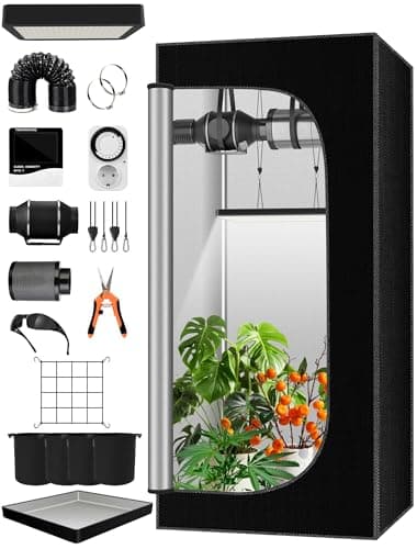 QEANY Komplettes Growzelt Set, 90x90x180cm Growbox, Growzelt-System mit 100W LED-Wachstumslicht, automatischem 4-Zoll-Lüfter und Kohlefilter, Indoor Grow Tent Set (9090180TZ)