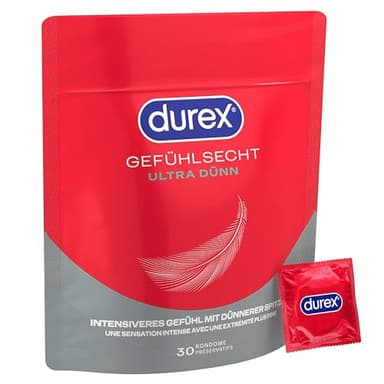Durex Gefühlsecht Ultra Kondome – 20% dünnere Spitze, mit Silikongleitgel befeuchtet, transparent, angenehmer Geruch – 10 Stück (3er Pack)