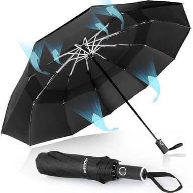 Herreicher Automatik Regenschirm Sturmfest aus Leichtem Aluminium - Winddichter Doppelschirm mit 10 Rippen, Kompakt faltbar für Reise, Herren/Damen/Kinder (Schwarz)