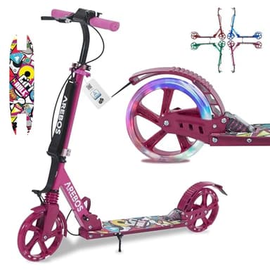Arebos Cityroller Tretroller Pink höhenverstellbar | klappbar | inkl. Tragegurt | LED Räder | Hand-Tritt-Bremse | Front-Heckfederung | Kinder & Erwachsene | 100kg belastbar | Kickroller | Kickscooter