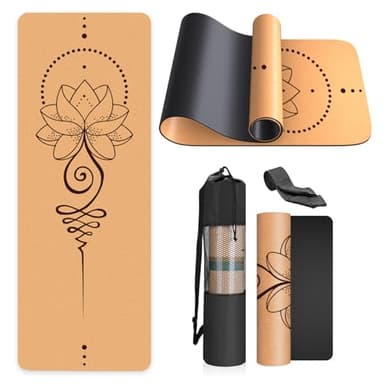 Kork-Yogamatte, rutschfest, einzigartiges Design, natürlicher Kork, TPE-Material, Fitness-Trainingsmatte mit Tragetasche und Gurt, für Zuhause, Pilates, Aerobic Fitnessstudio und Workout (183 x 61 cm)