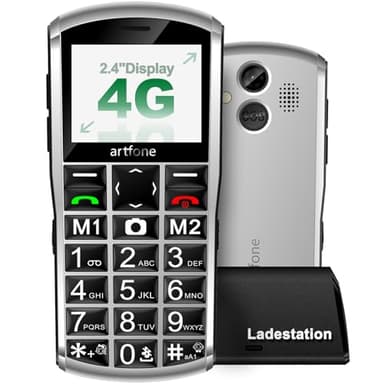 artfone A400 4G Volte Seniorenhandy ohne Vertrag | Großtasten Handy mit Notruftaste, Dual-Nano SIM, Tastenhandy Tischladestation | Einfaches Mobiltelefon für Senioren, 2,4 Zoll Display, USB-C, Silber
