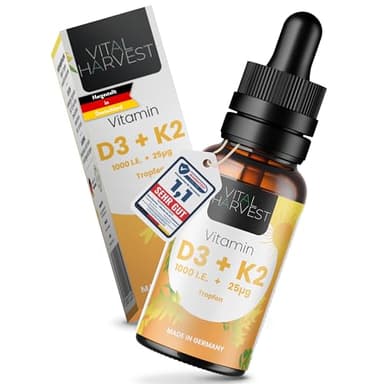 Vital Harvest® Premium Vitamin D3 K2 Tropfen 1000 IE 30ml | Hochdosiertes D3 & K2 MK-7 | Veganes Vitamin D3 + Vitamin K2 MK7, laborgeprüft in Deutschland hergestellt - ohne Zusatzstoffe