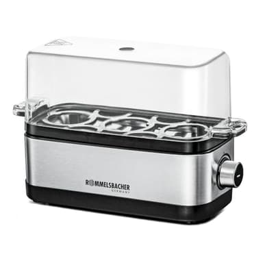 ROMMELSBACHER Eierkocher ER 300 - für 1-3 Eier, einstellbarer Härtegrad, elektronische Kochzeitüberwachung, Heizschale aus Edelstahl, Messbecher mit Eipick, Kabelaufwicklung, 300 Watt