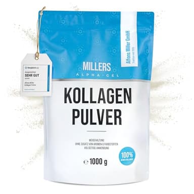100% reines Kollagen Pulver 1000 g – Kollagen Peptide – Collagen Protein – Millers Alpha-Gel – Ohne Zusatzstoffe – Geschmacksneutral – Collagen Pulver – Alfons Miller – Deutsches Familienunternehmen