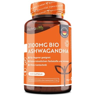Nutravita Ashwagandha Kapseln BIO hochdosiert 2100mg - 240 vegane Ashwaganda Kapseln - 2100mg je Tagesdosis - Vegan Ashwagandha Wurzel Pulver in hohe Bio Qualität