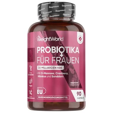 Bakterienkomplex für Frauen - 30 Mrd. KBE pro Portion - 90 Vegane Kulturen Komplex Kapseln - Mit D Mannose, Cranberry, Hibiskus, Sanddorn, Lactobacillus Rhamnosus, Bifidobacterium Longum - WeightWorld