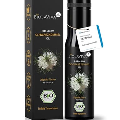 BIOLAVIVA BIO Schwarzkümmelöl – kaltgepresst & ungefiltert – hoher Thymochinongehalt - 100% Nigella sativa aus Ägypten – laborgeprüft & lichtgeschützt im Miron Violettglas (1x100 ml)