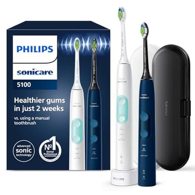 Philips Sonicare ProtectiveClean 5100 elektrische Zahnbürste, Schallzahnbürste mit 3 Putzmodi, Clean und White, Drucksensor, Timer und Reiseetui, Weiß und Blau, 2er-Pack, Modell HX6851/34