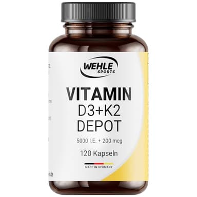 Vitamin D3 K2 Depot 120 Kapseln Hochdosiert 5.000 IE Vitamin D3 + 200 µg Vitamin K2 MK7 All Trans – Wehle Sports, Hergestellt in DE. - Verpackung kann variieren