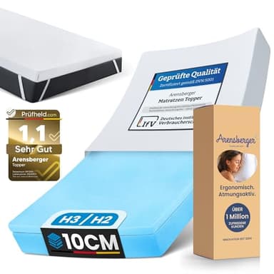 Arensberger Matratzen Topper 160x200cm | Höhe 10cm Luxury | Härtegrad H2 H3 | Geltopper Memory Foam Matratzentopper mit waschbarem Bezug | Matratzenauflage | für Federkern & Schaumstoffmatratzen