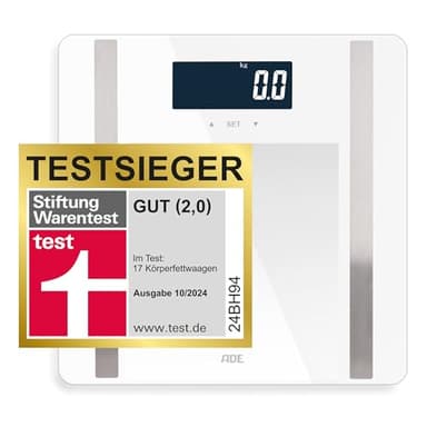 ADE Digitale Körperfettwaage Ines bis 200 kg | Testsieger 2024 | Personenwaage mit Körperfettanalyse, BMI, Muskelmasse, Körperwasser, Gewicht, BMR | Körperwaage mit Benutzererkennung | weiß